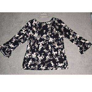 Karl Lagerfeld Women's L Cherry Blossom Stretch Knit Top Flutter Ruffle Sleeve